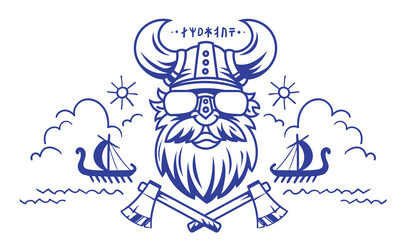 Vector Logo Viking Head in Helmet with Horns on White Background and Drakkar. Line Art Style Design of Viking Logotype