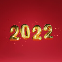 Golden 2022 year balloon with light glowing on red background for preparation merry Christmas and happy new year concept by 3d render technique.