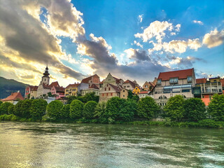 The charming little town of Frohnleiten on the Mur river in the district of Graz-Umgebung, Styria...