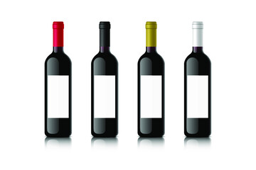 set of red wine bottles with colored caps. realistic vector illustration