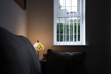 Dark, ground floor room seen being partially lit by an ornate lamp in the corner of the room. A rear window is seen leading to a driveway.