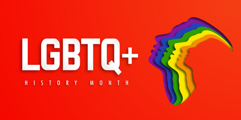 Design LGBTQ+ HISTORY MONTH.  People's faces look up in LGBT colors. Paper cut. Minority problem. PRIDE parade. Coexistence harmony and multicultural community integration. Illustration