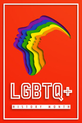 Poster LGBTQ+ HISTORY MONTH.  People's faces look up in LGBT colors. Paper cut. Minority problem. PRIDE parade. Coexistence harmony and multicultural community integration. Illustration 2