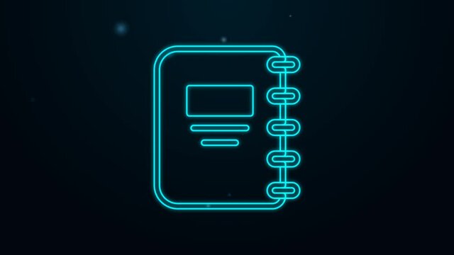 Glowing neon line Notebook icon isolated on black background. Spiral notepad icon. School notebook. Writing pad. Diary for school. 4K Video motion graphic animation