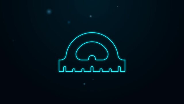 Glowing neon line Protractor grid for measuring degrees icon isolated on black background. Tilt angle meter. Measuring tool. Geometric symbol. 4K Video motion graphic animation
