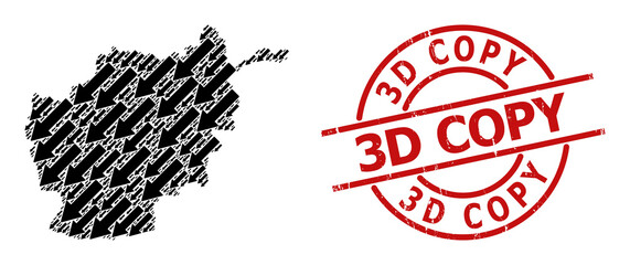 Grunge 3D Copy stamp seal, and left down arrow mosaic of Afghanistan map. Red round stamp seal includes 3D Copy tag inside circle. Afghanistan map mosaic is composed of left down arrow rotated dots.