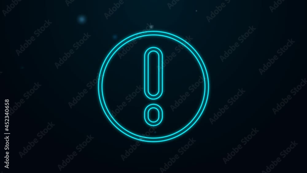 Poster glowing neon line speech bubble and exclamation icon isolated on black background. faq sign. copy fi