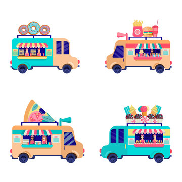 Set of  trucks with donuts, fast food, ice cream, pizza. Vector illustration of a mobile food fair in a flat cartoon style
