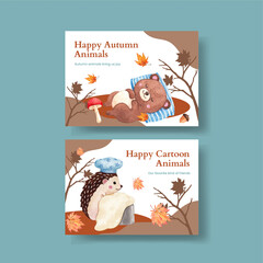Postcard template with autumn animal concept,watercolor style