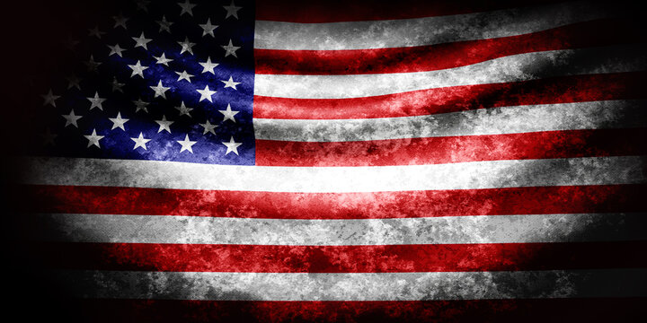 USA wavy flag in grunge style with darkened edges. Old texture