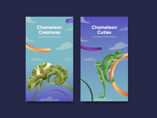 Instagram template with chameleon lizard concept,watercolor style