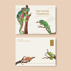 Postcard template with chameleon lizard concept,watercolor style