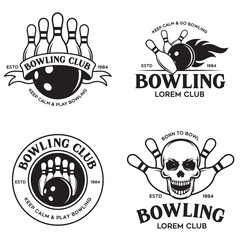 Set of vector vintage monochrome style bowling logo, icons and symbol.