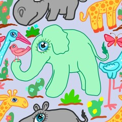  abstract seamless pattern background fabric design print wrapping paper digital illustration texture wallpaper with elephants and birds 