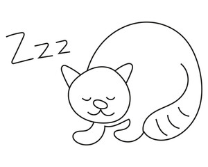 A cute cat lies curled up in a ball. A little kitten is sleeping, a sleeping cat. A cat drawn with a contour. Vector illustration