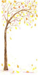 watercolor autumn postcard. A hand-drawn tree with falling red, yellow and orange leaves isolated on a white background. A frame for your design