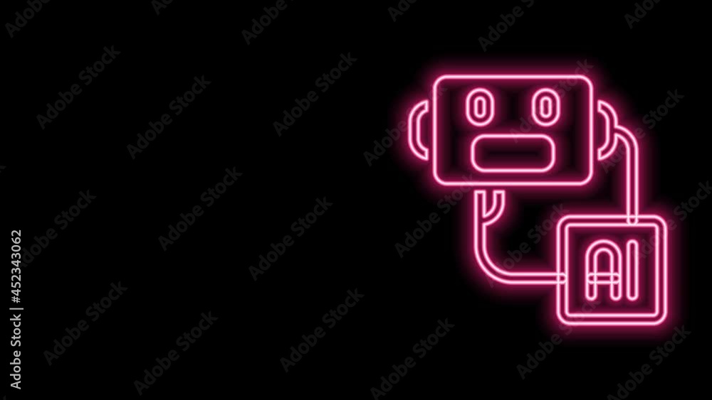 Poster glowing neon line artificial intelligence robot icon isolated on black background. machine learning,