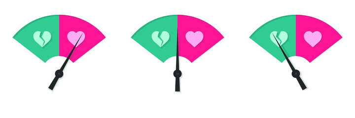 Isolated vector illustration art of hate and love meter. A heart in red , a broken heart in blue and a pointer. 