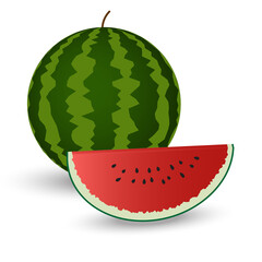 Whole-leaf and sliced watermelons with red flesh on a white background.