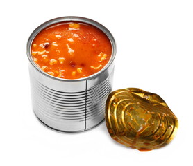 Cooked kidney beans and sweetcorn with tomato sauce in tin can isolated on white background