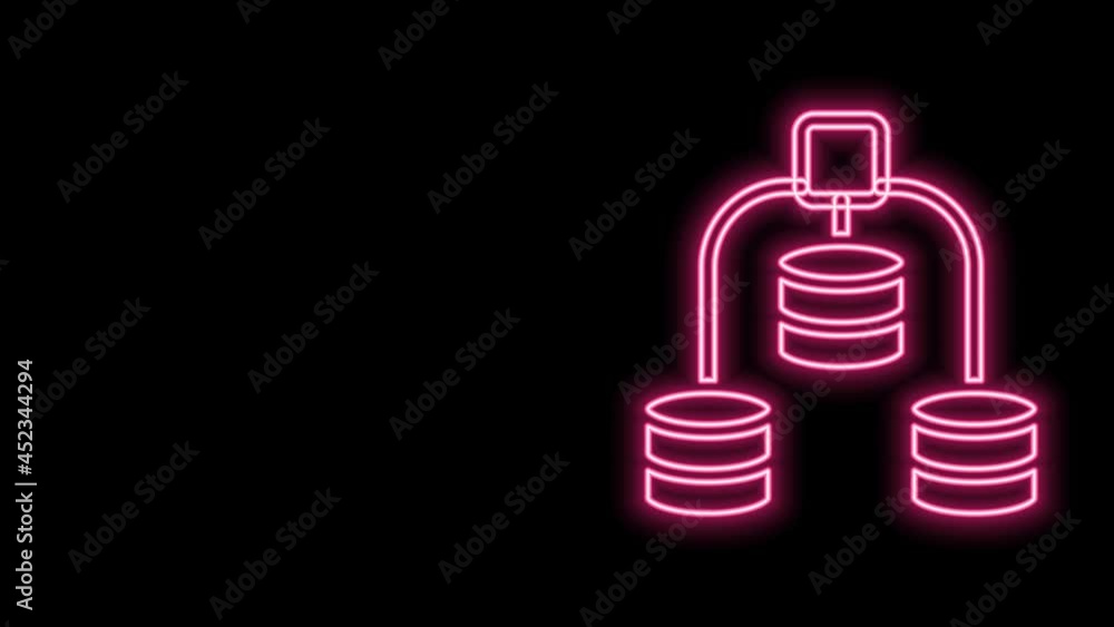 Poster glowing neon line server, data, web hosting icon isolated on black background. 4k video motion graph