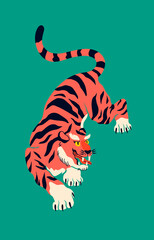 Hand drawn isolated abstract tiger. Tiger walk. Japanese or Chinese oriental style. Hand drawn colored Vector illustration. Print, logo, poster template, tattoo idea. Symbol of 2022 new year