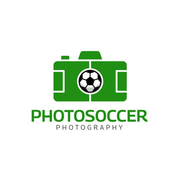Camera with Football Field and Ball Logo Design Template. Suitable for Photography Photo Studio, Photographer, Sports, Cameramen, Reporter. Logo Design in Modern Flat Style.