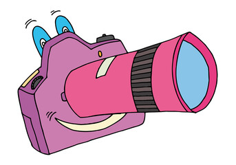 Cheerful colorful camera with eyes and a smile in doodle style. Sketch. Hand Drawn.