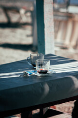Empty glasses in a cafe.