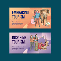 Twitter template with world tourism day concept,watercolor style