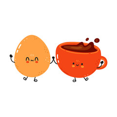 Cute happy fried egg and coffee cup. Vector cartoon character illustration. Friends concept