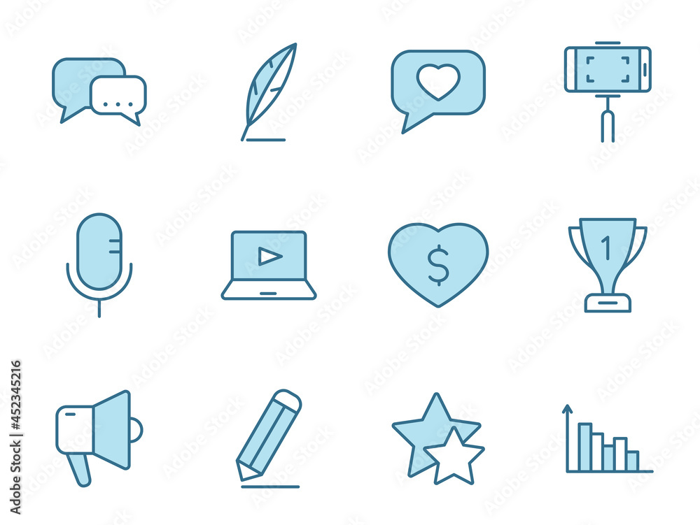Poster blog line vector icons in two colors isolated on white background. blogger blue outline icon set for