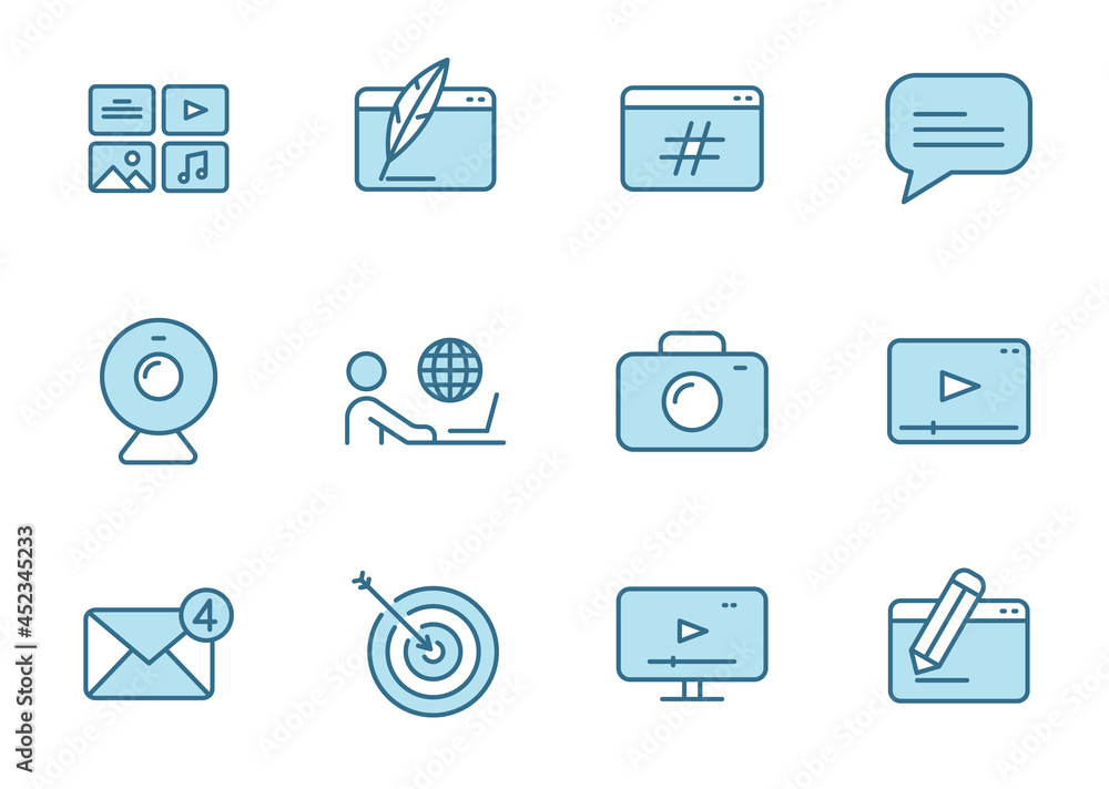 Poster blog outline vector icons in two colors isolated on white background. blogger blue icon set for web 