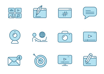 blog outline vector icons in two colors isolated on white background. blogger blue icon set for web design, ui, mobile apps and print polygraphy