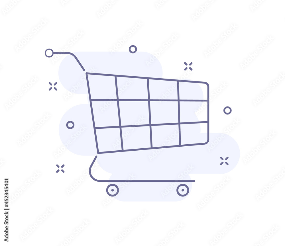 Poster shopping cart outline vector illustration isolated on white. cart purple line icon with light pink b