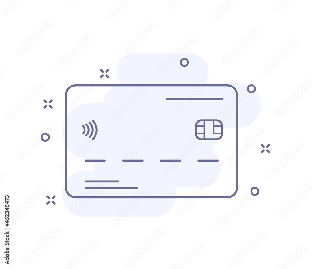 Poster credit card outline vector illustration isolated on white. credit card purple line icon with light p