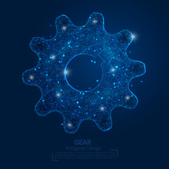 Abstract isolated blue image of a gear. Polygonal illustration looks like stars in the blask night sky in spase or flying glass shards. Digital design for website, web, internet © Katsiaryna