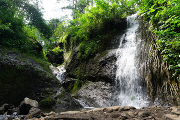 The mountain stream flows through the rock surrounded by greenery.