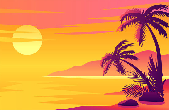 Colorful sunset on the tropical island vector illustration