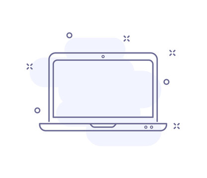 laptop outline vector illustration isolated on white. laptop purple line icon with light pink background and decorations. for web and ui design, mobile apps and print polygraphy