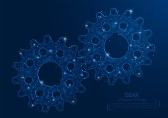 Abstract isolated blue image of a gear. Polygonal illustration looks like stars in the blask night sky in spase or flying glass shards. Digital design for website, web, internet © Katsiaryna