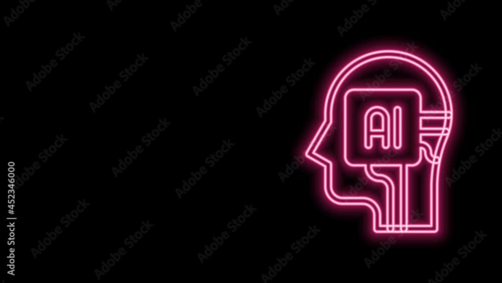 Poster glowing neon line humanoid robot icon isolated on black background. artificial intelligence, machine