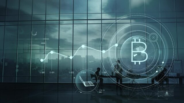 Bitcoin infographics on the background of the office, 3D render.
