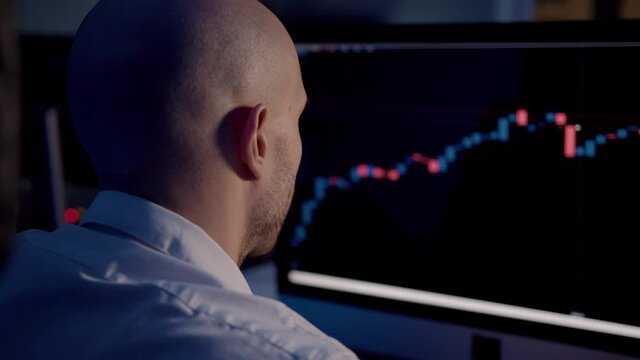 Stock trader analysing trading charts on stock market computer screen. Man with bald head looking at the desktop screen with stock graphs, pan shot left to right