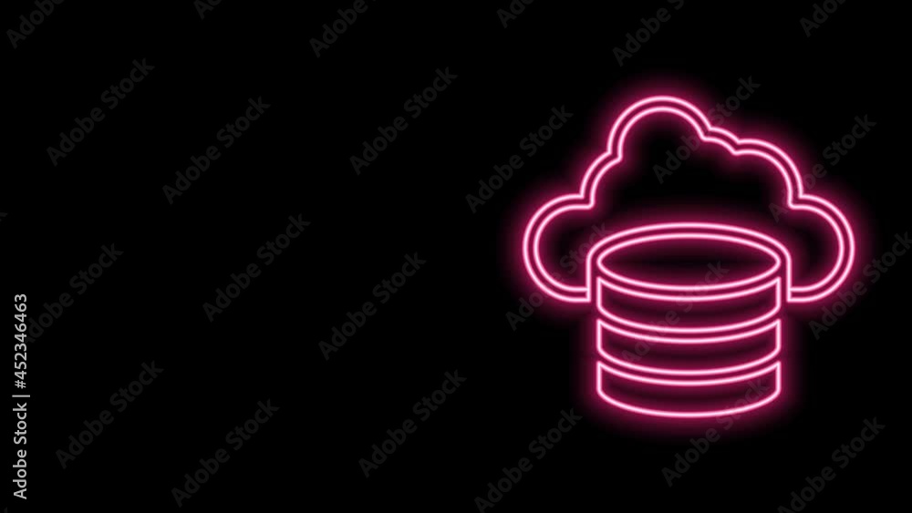 Poster glowing neon line cloud database icon isolated on black background. cloud computing concept. digital
