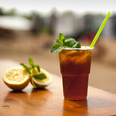 Iced tea in a plastic cup decorated with fresh mint leaves and lemon