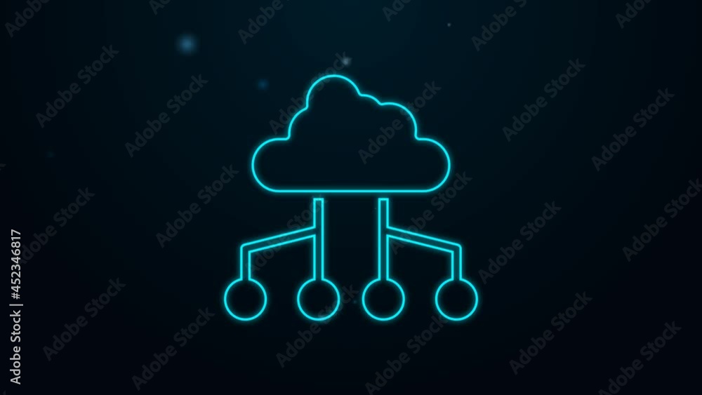 Poster glowing neon line network cloud connection icon isolated on black background. social technology. clo