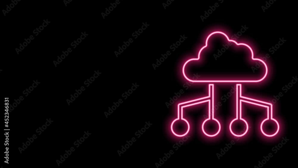 Poster glowing neon line network cloud connection icon isolated on black background. social technology. clo