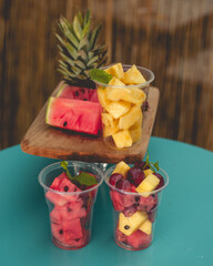Fruit salad in disposable plastic cups