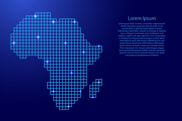 Africa map silhouette from blue mosaic structure squares and glowing stars. Vector illustration.